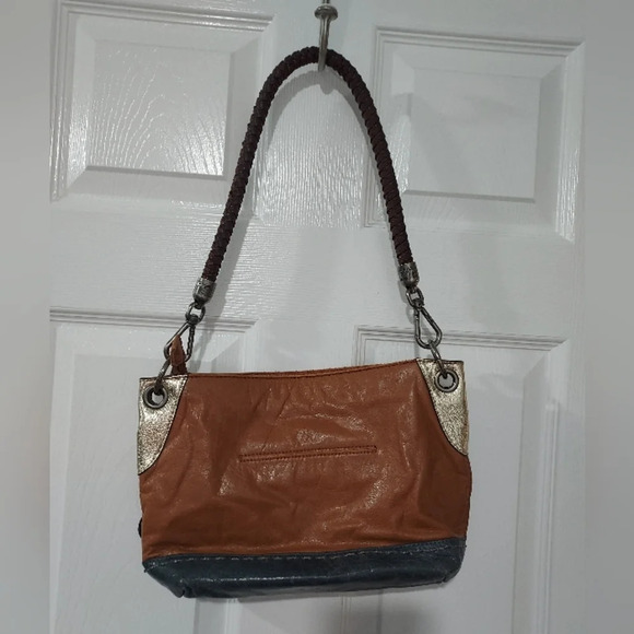 the Sak Denim Blue Natural Tan Metallic Gold Shoulder Leather Purse - Picture 5 of 16